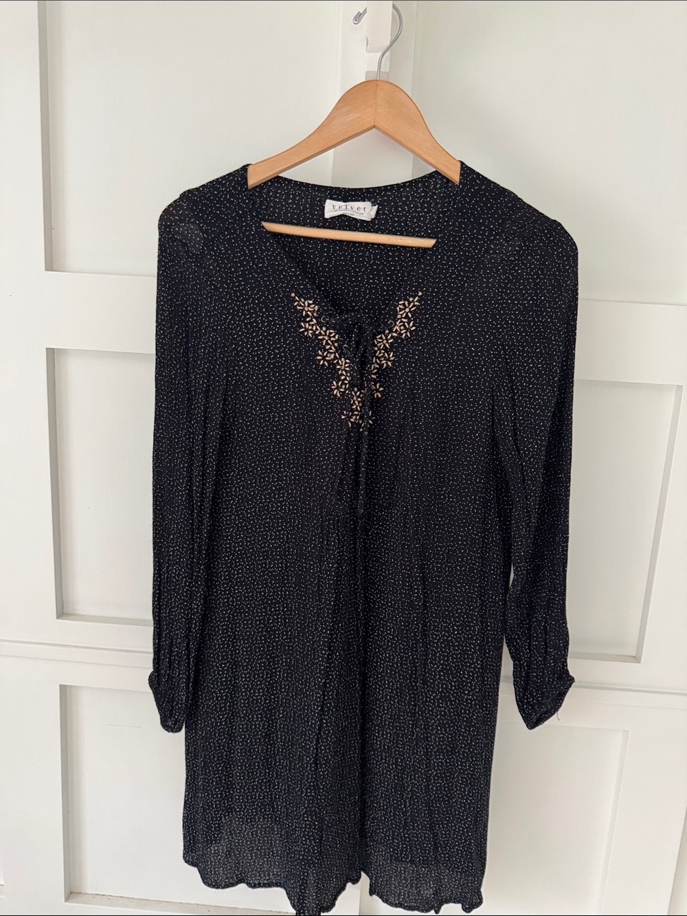 Velvet Black Long-Sleeve Embroidered Tunic Dress